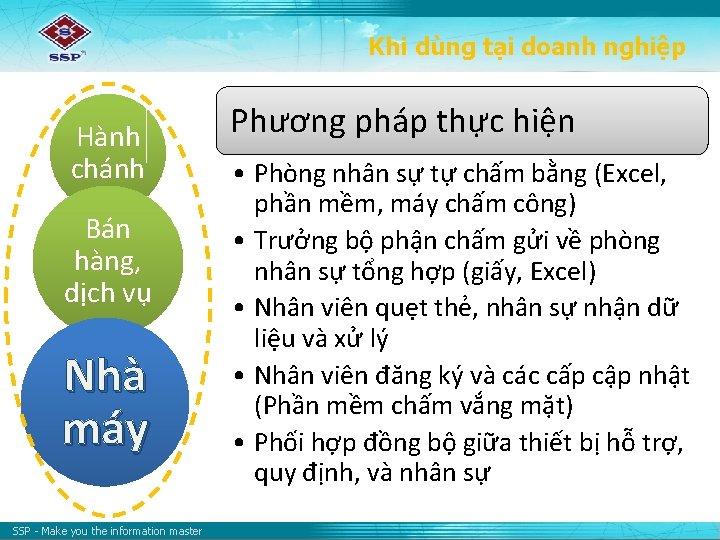 Khi dùng tại doanh nghiệp Hành chánh Bán hàng, dịch vụ Nhà máy SSP