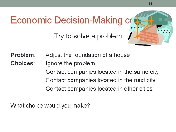 14 Economic Decision-Making continued Try to solve a problem Problem: Choices: Adjust the foundation