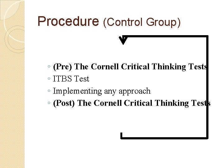 Procedure (Control Group) ◦ ◦ (Pre) The Cornell Critical Thinking Tests ITBS Test Implementing