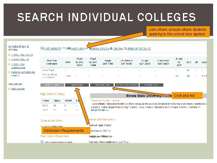 SEARCH INDIVIDUAL COLLEGES Lists others schools where students applying to this school also applied.