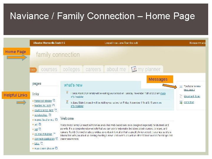 Naviance / Family Connection – Home Page Messages Helpful Links 