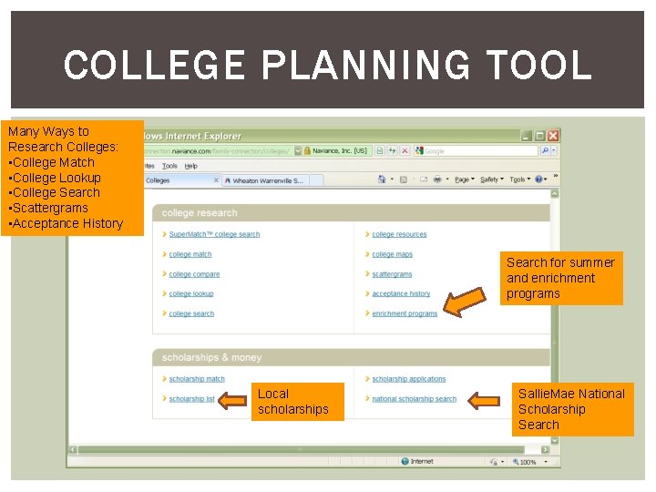 COLLEGE PLANNING TOOL Many Ways to Research Colleges: • College Match • College Lookup