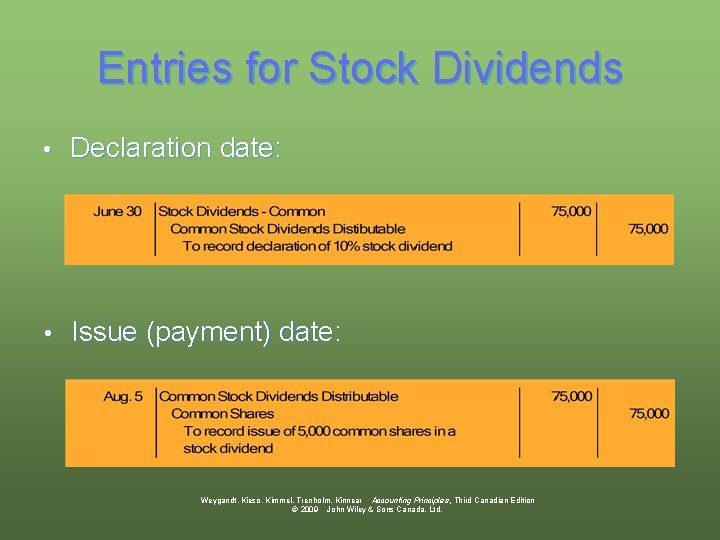 Entries for Stock Dividends • Declaration date: • Issue (payment) date: Weygandt, Kieso, Kimmel,