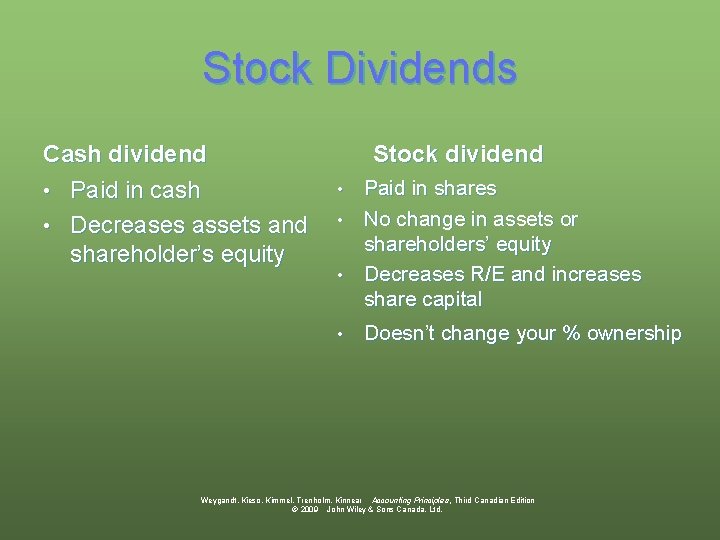 Stock Dividends Cash dividend • Paid in cash • Decreases assets and shareholder’s equity
