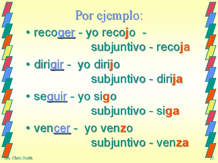 Por ejemplo: • recoger - yo recojo subjuntivo - recoja • dirigir - yo