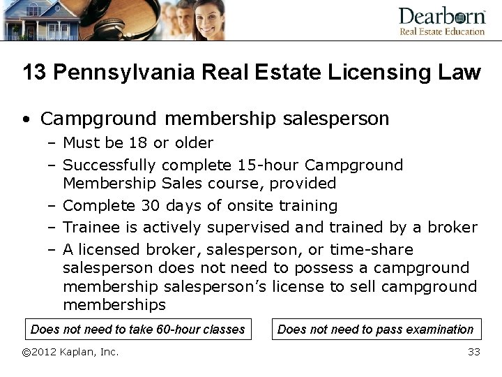 13 Pennsylvania Real Estate Licensing Law • Campground membership salesperson – Must be 18