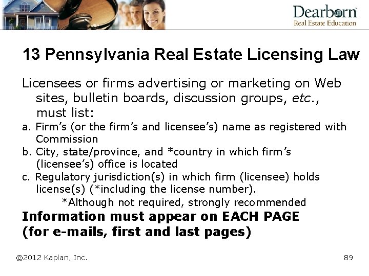 13 Pennsylvania Real Estate Licensing Law Licensees or firms advertising or marketing on Web