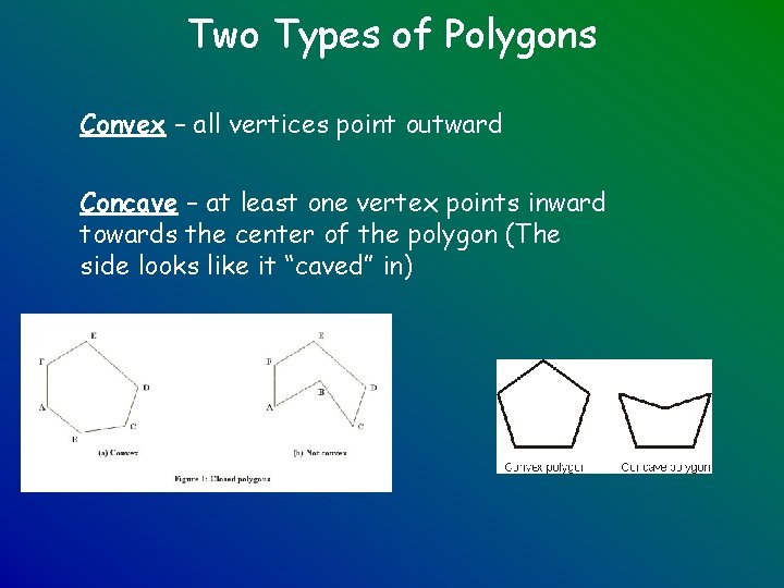 Two Types of Polygons Convex – all vertices point outward Concave – at least