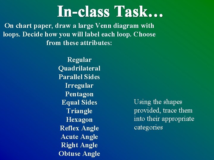 In-class Task… On chart paper, draw a large Venn diagram with loops. Decide how