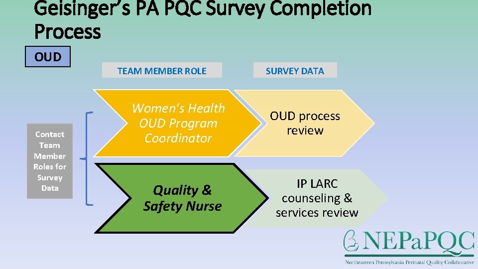 Geisinger’s PA PQC Survey Completion Process OUD TEAM MEMBER ROLE Contact Team Member Roles