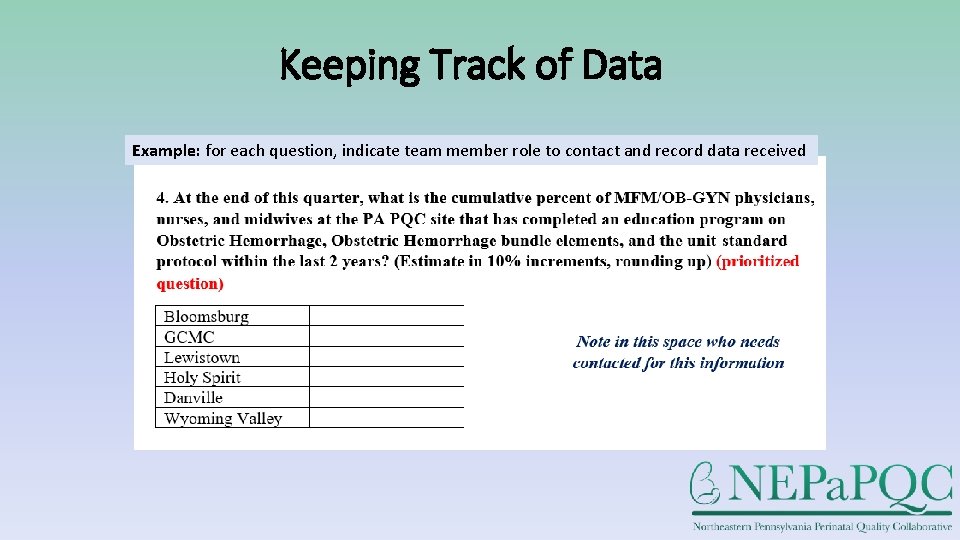 Keeping Track of Data Example: for each question, indicate team member role to contact