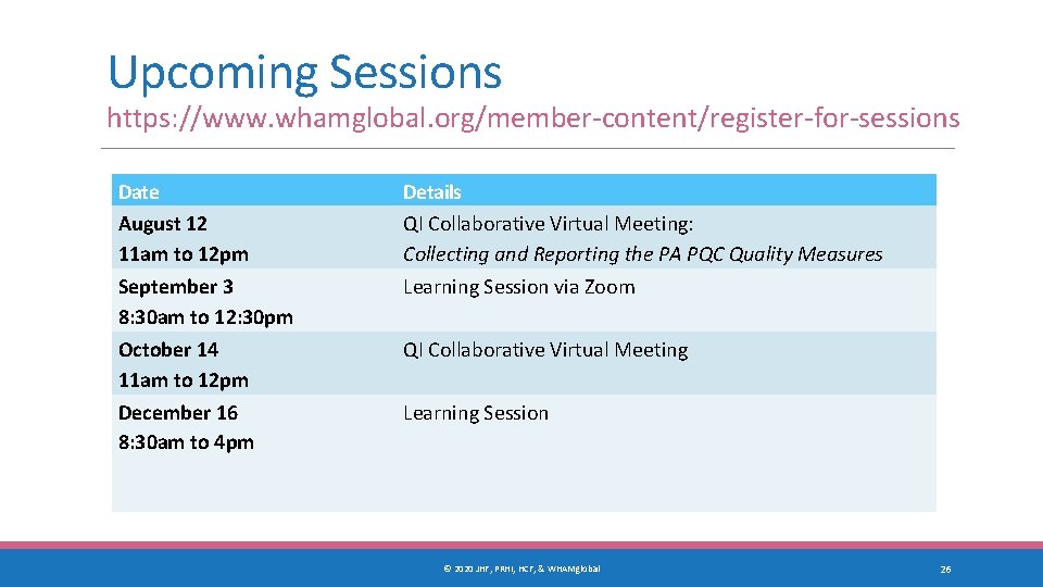 Upcoming Sessions https: //www. whamglobal. org/member-content/register-for-sessions Date August 12 11 am to 12 pm