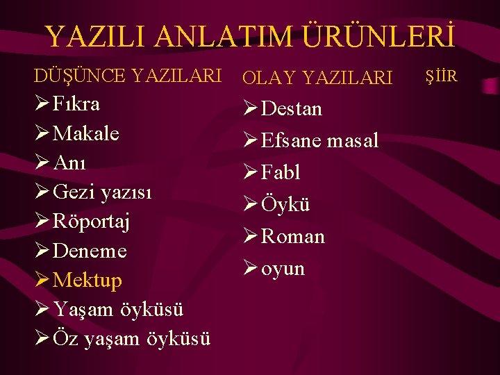 YAZILI ANLATIM ÜRÜNLERİ DÜŞÜNCE YAZILARI OLAY YAZILARI Ø Fıkra Ø Makale Ø Anı Ø