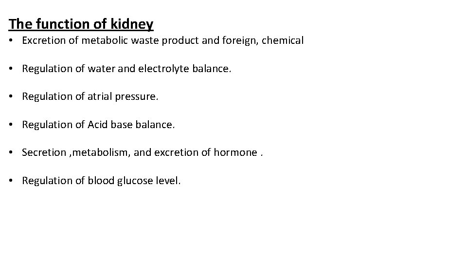 The function of kidney • Excretion of metabolic waste product and foreign, chemical •