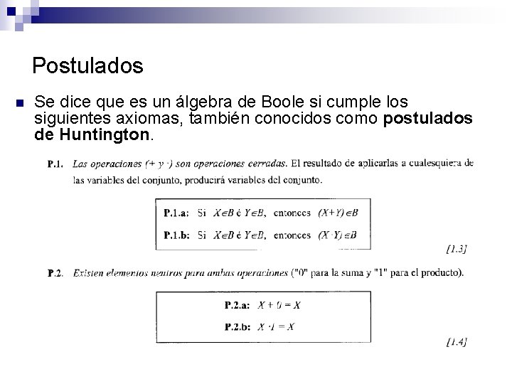 Postulados n Se dice que es un álgebra de Boole si cumple los siguientes