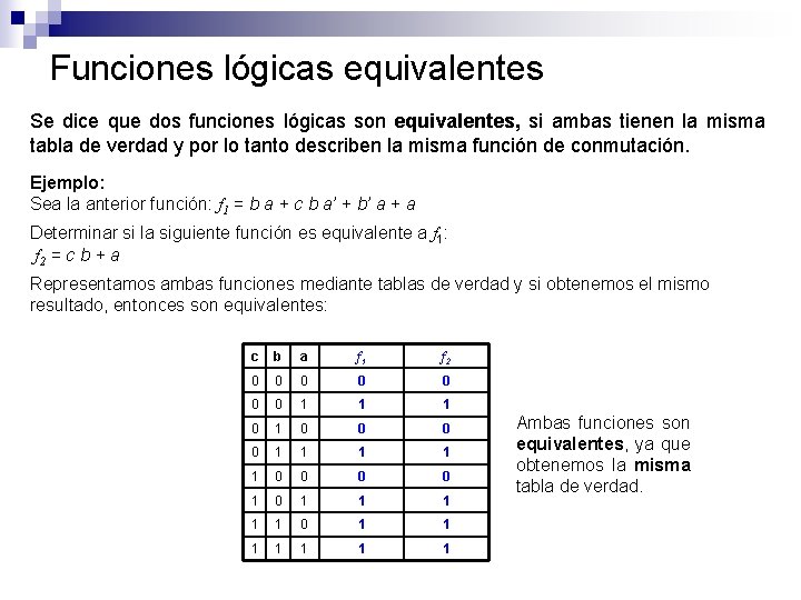 Funciones lógicas equivalentes Se dice que dos funciones lógicas son equivalentes, si ambas tienen