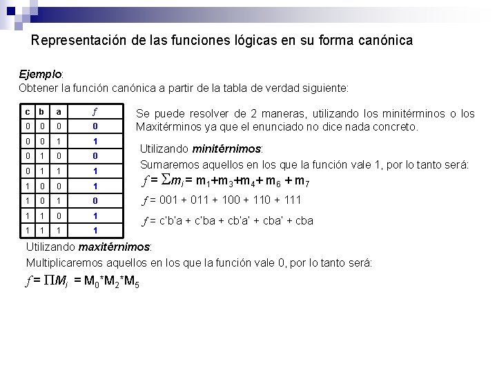 Representación de las funciones lógicas en su forma canónica Ejemplo: Obtener la función canónica