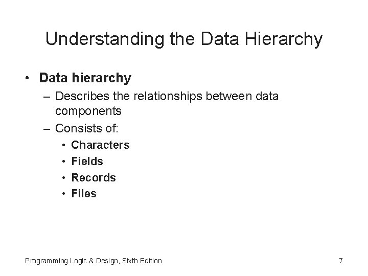 Understanding the Data Hierarchy • Data hierarchy – Describes the relationships between data components