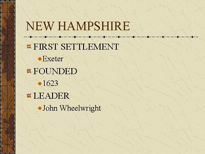 NEW HAMPSHIRE FIRST SETTLEMENT Exeter FOUNDED 1623 LEADER John Wheelwright 