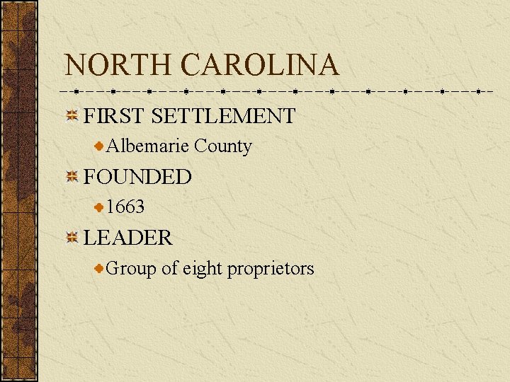 NORTH CAROLINA FIRST SETTLEMENT Albemarie County FOUNDED 1663 LEADER Group of eight proprietors 