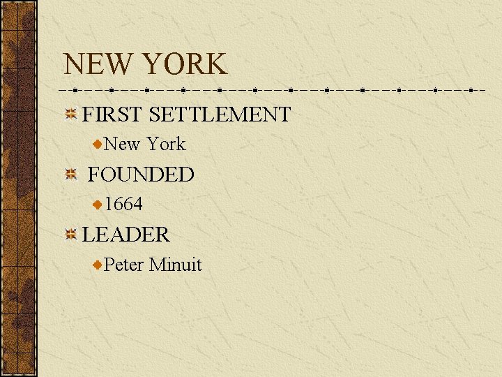 NEW YORK FIRST SETTLEMENT New York FOUNDED 1664 LEADER Peter Minuit 