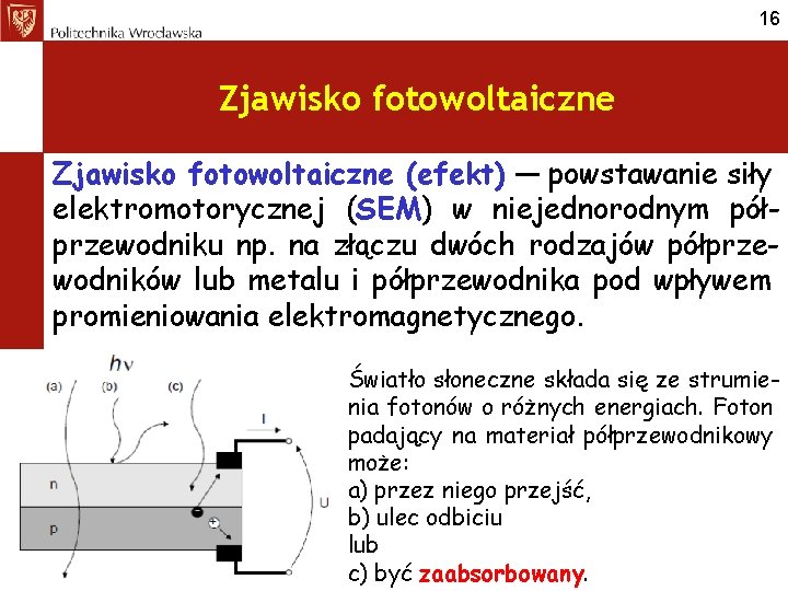 16 Zjawisko fotowoltaiczne (efekt) — powstawanie siły elektromotorycznej (SEM) w niejednorodnym półprzewodniku np. na