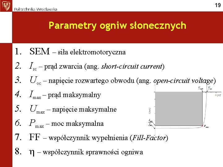 19 Parametry ogniw słonecznych 1. 2. 3. 4. 5. 6. 7. 8. SEM –