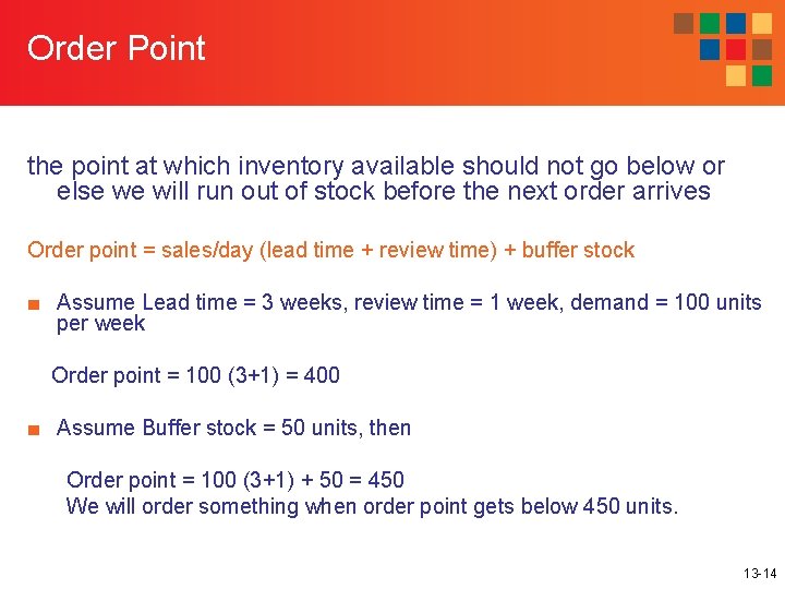 Order Point the point at which inventory available should not go below or else