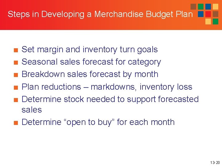 Steps in Developing a Merchandise Budget Plan ■ ■ ■ Set margin and inventory