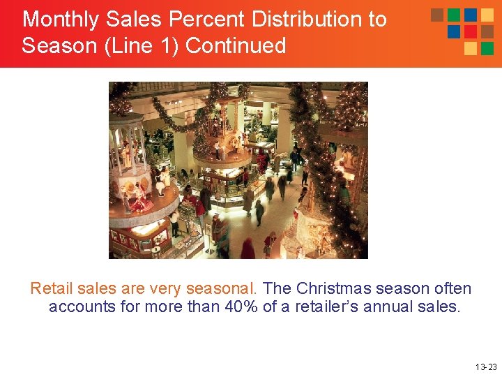 Monthly Sales Percent Distribution to Season (Line 1) Continued Retail sales are very seasonal.