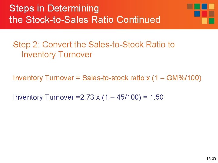 Steps in Determining the Stock-to-Sales Ratio Continued Step 2: Convert the Sales-to-Stock Ratio to