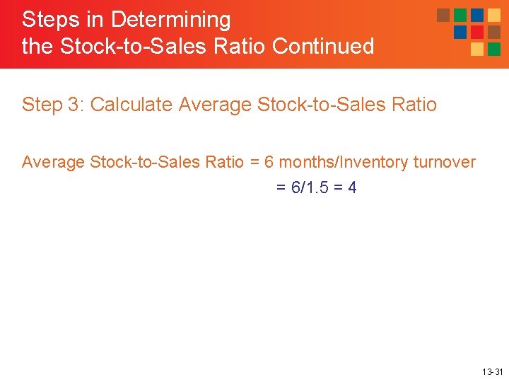 Steps in Determining the Stock-to-Sales Ratio Continued Step 3: Calculate Average Stock-to-Sales Ratio =