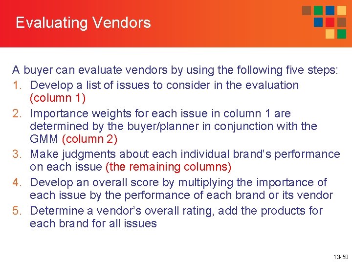Evaluating Vendors A buyer can evaluate vendors by using the following five steps: 1.
