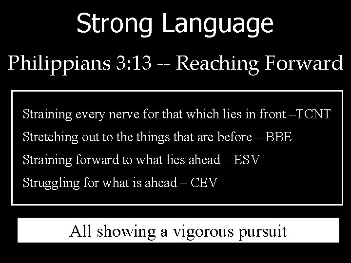 Strong Language Philippians 3: 13 -- Reaching Forward Straining every nerve for that which