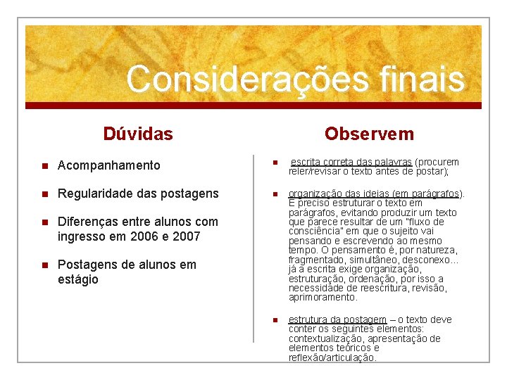 Considerações finais Dúvidas Observem n Acompanhamento n escrita correta das palavras (procurem reler/revisar o