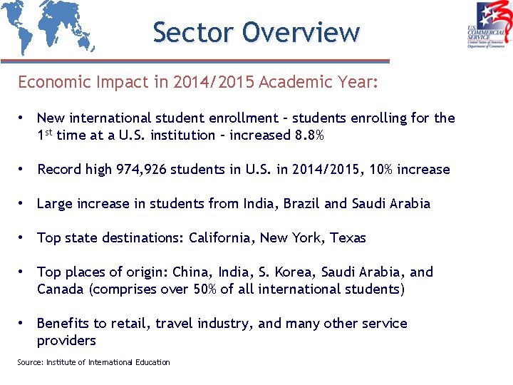 Sector Overview Economic Impact in 2014/2015 Academic Year: • New international student enrollment –