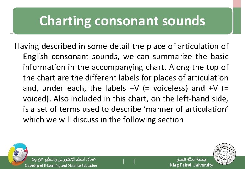 Charting consonant sounds Having described in some detail the place of articulation of English