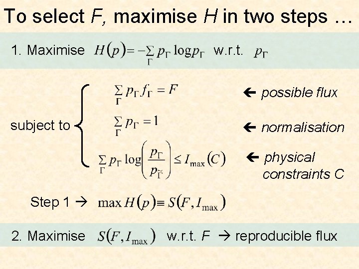 To select F, maximise H in two steps … 1. Maximise w. r. t.