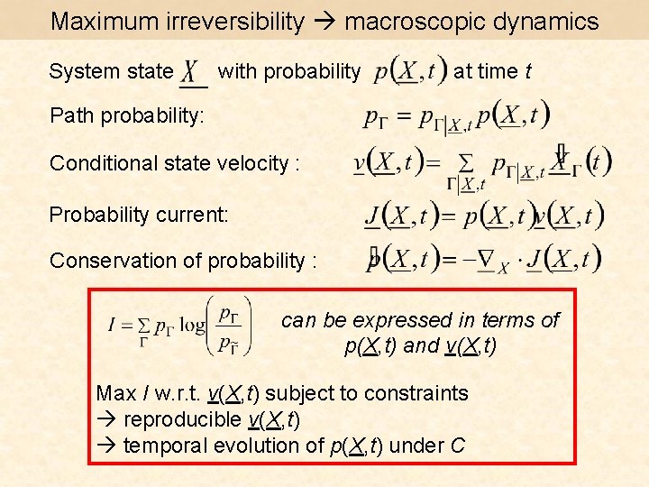 Maximum irreversibility macroscopic dynamics System state with probability at time t Path probability: Conditional