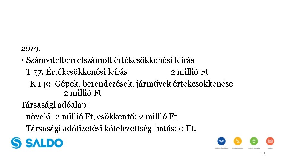 2019. • Számvitelben elszámolt értékcsökkenési leírás T 57. Értékcsökkenési leírás 2 millió Ft K