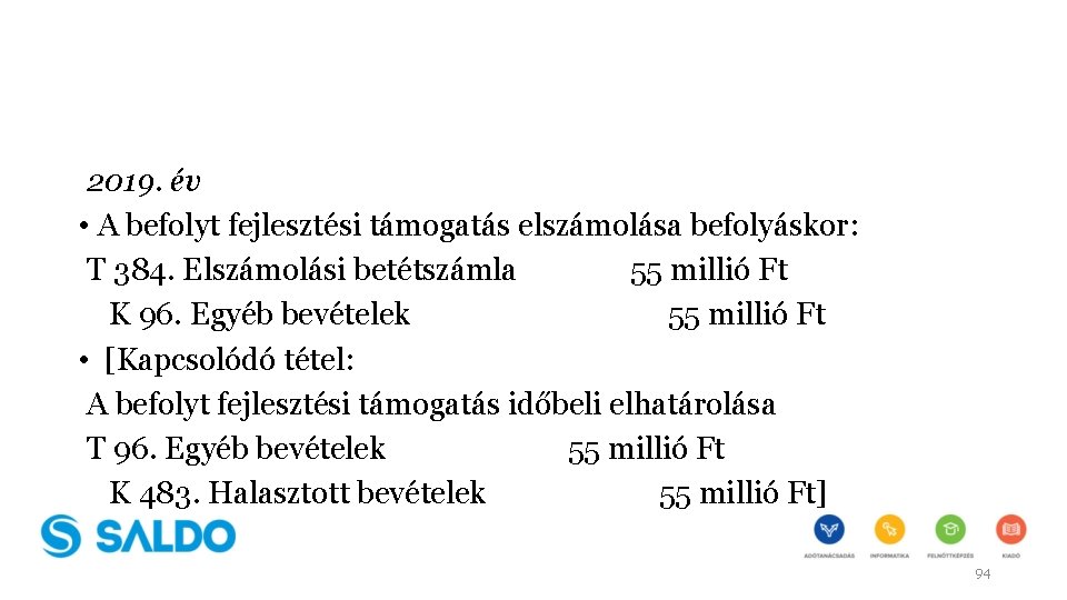 2019. év • A befolyt fejlesztési támogatás elszámolása befolyáskor: T 384. Elszámolási betétszámla 55