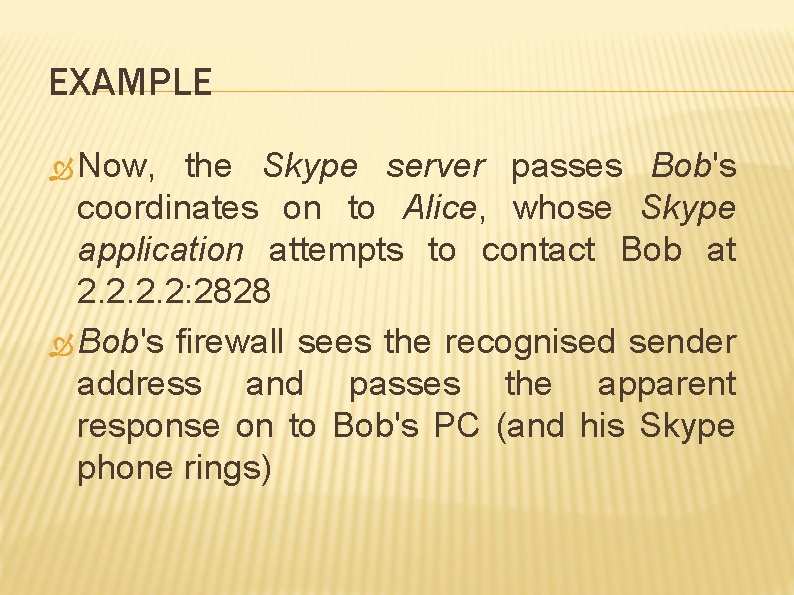 EXAMPLE Now, the Skype server passes Bob's coordinates on to Alice, whose Skype application