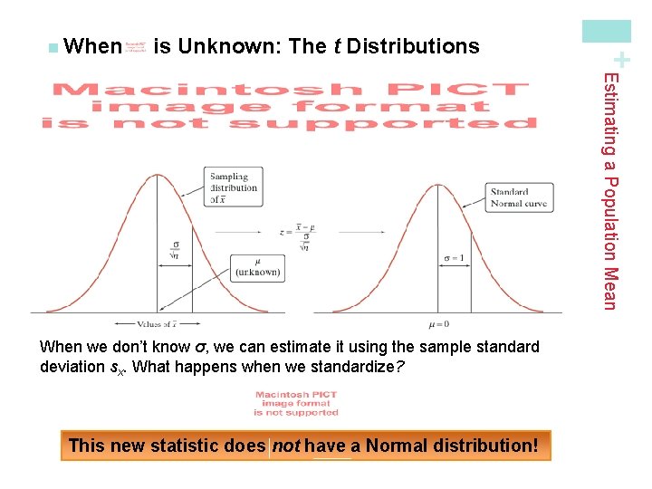 is Unknown: The t Distributions + n When Estimating a Population Mean When we