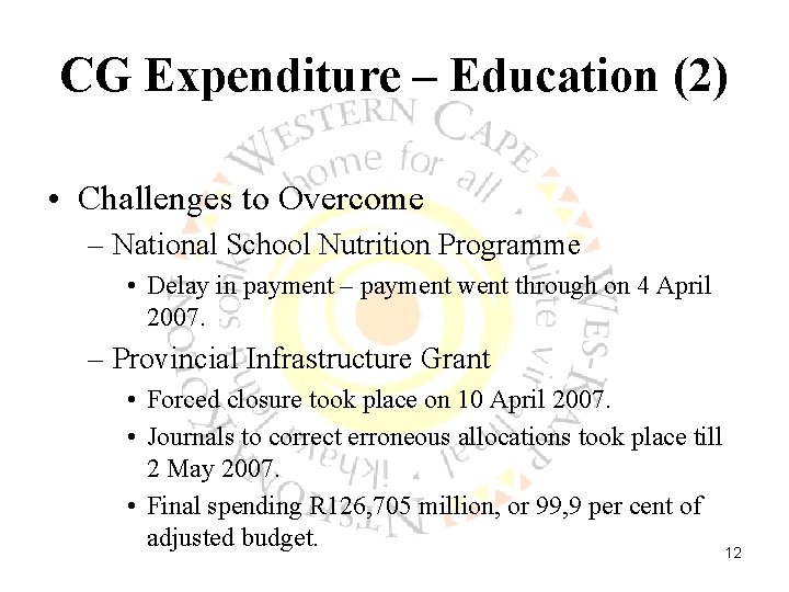 CG Expenditure – Education (2) • Challenges to Overcome – National School Nutrition Programme