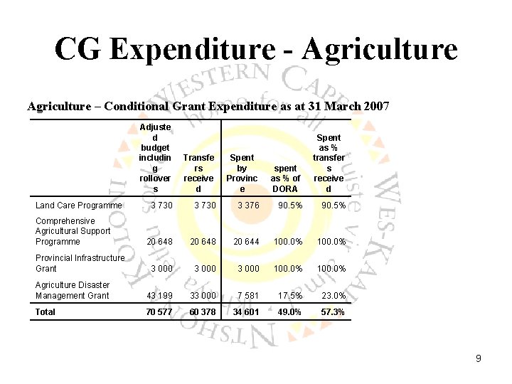 CG Expenditure - Agriculture – Conditional Grant Expenditure as at 31 March 2007 Adjuste
