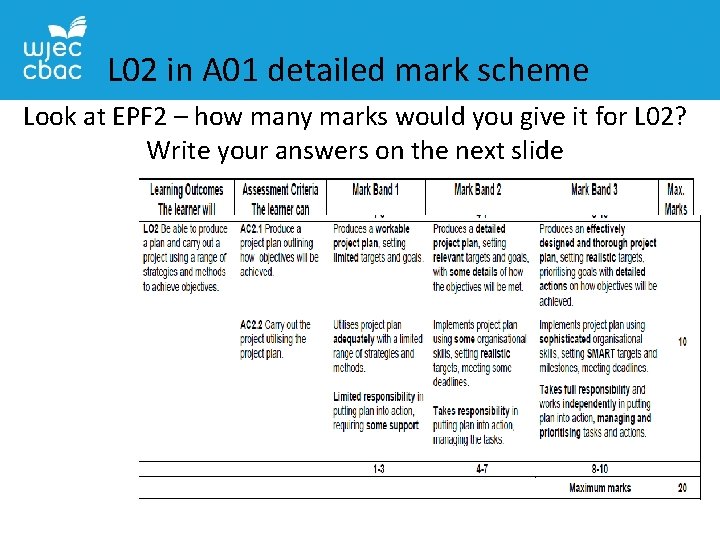L 02 in A 01 detailed mark scheme Look at EPF 2 – how