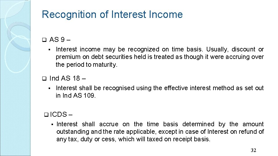 Recognition of Interest Income q AS 9 – Interest income may be recognized on