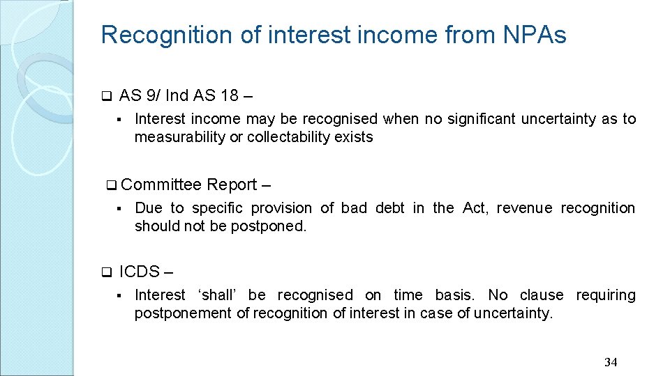 Recognition of interest income from NPAs q AS 9/ Ind AS 18 – §