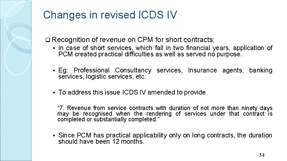 Changes in revised ICDS IV q Recognition of revenue on CPM for short contracts: