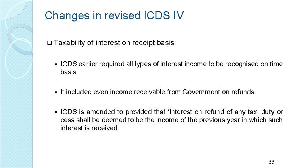 Changes in revised ICDS IV q Taxability of interest on receipt basis: § ICDS